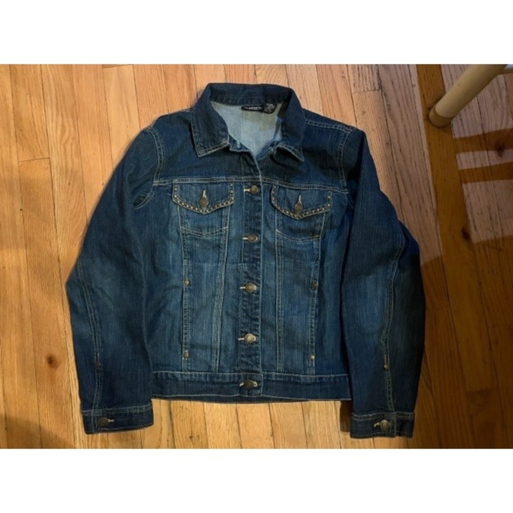 Chico's Studded‎ Denim Jacket Dark Wash Blue Embellished Size 0 Small T46-24